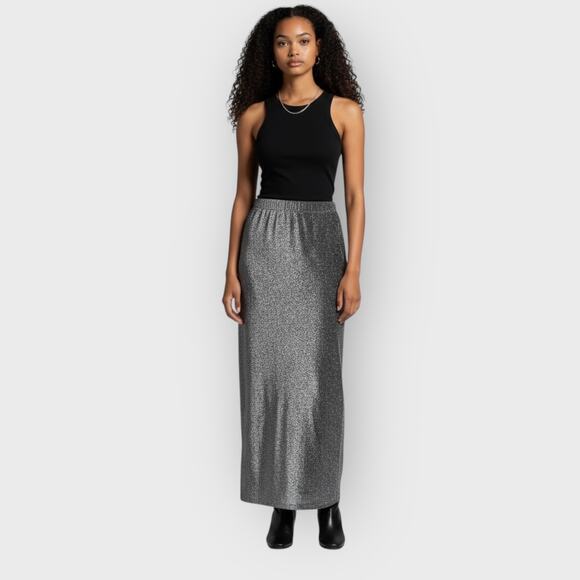 Boohoo Black Glitter Maxi Skirt Size 6 Low Rise Longline Fitted Pull On Y2K - Picture 5 of 8